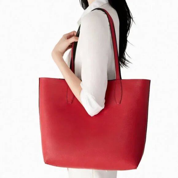 Kate Spade Reversible Flutter Hearts Large Tote Bag Purse Black Red Pink - Picture 4 of 8